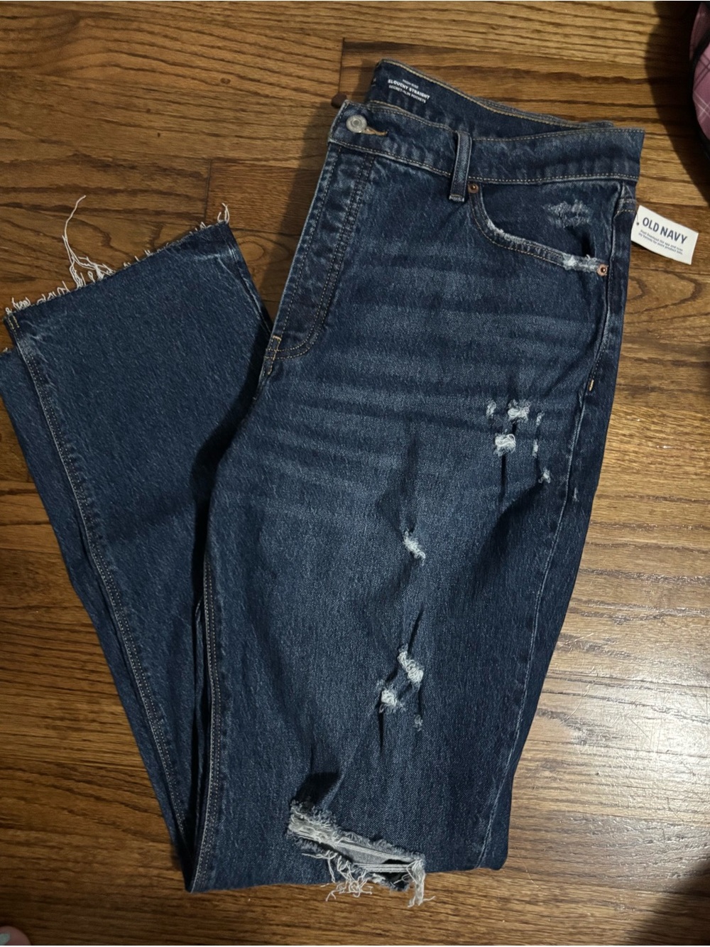 Old Navy Dark Indigo Distressed Slouchy Straight Jeans